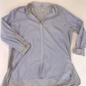 FREE PEOPLE Button Up Collared Shirt Blue Striped Tunic Oversized Size Large